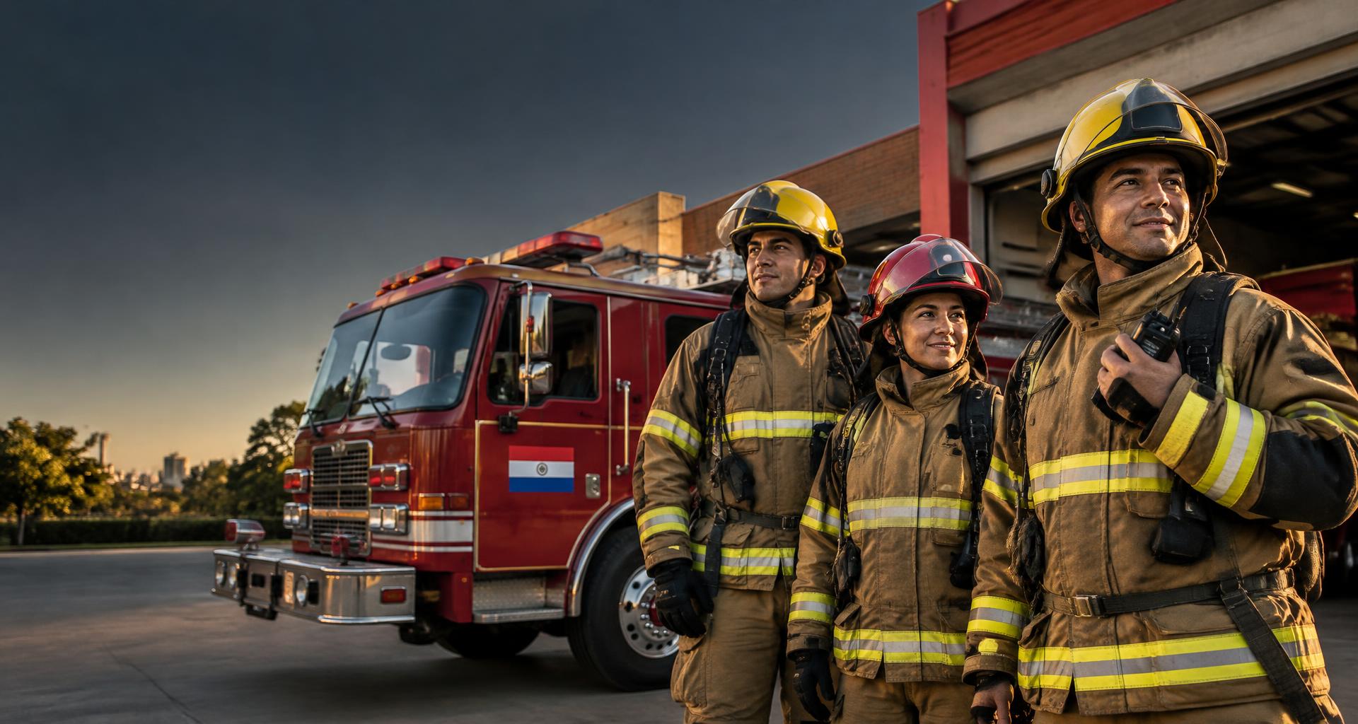 Bomberos junto a un camión de servicio con la bandera paraguaya; imagen ilustrativa